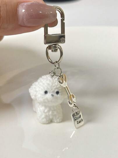 1pc Unisex New Cute Flocked Dog With Bone Good Luck Tag Pendant, Personalized 3D Small Dog Keychain School Car Accessories Goth Y2k Bag Lanyards With Id Holder Car Accessories Bag Charms Gifts For Mother, Father, Graduation, And Teacher