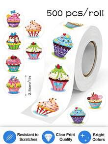 500 Pcs/Roll Summer Ice Cream Doodle Stickers, 1 Inch Round, 8 Cartoon Patterns, Office Stationery Labels, Teacher Rewards, Scrapbooking DIY Decor, PVC Waterproof Decals - Multicolor - View 7