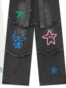 Jupkem Cute Low Rise Y2k Jeans Women Straight Leg Goth Star Graphic Wide Leg Kawaii Pants Y2k Aesthetic Baggy Jeans Korean Streetwear