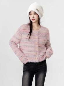 条纹蓬松新款通勤女式休闲开衫 - 粉色 - 查看 3