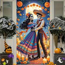 2D Bannière de largeur de porte, 1 pièce Bannière de fête mexicaine du Jour des Morts et d'Halloween - Design vibrant de squelette dansant en fibre de polyester pour décoration de porte, utilisation intérieure et extérieure, sans alimentation électrique, décoration de fête mexicaine, tissu extérieur durable pour ajouter une atmosphère festive