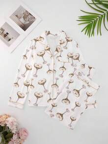Conjunto de pijama y ropa casual: Blusa abotonada con cuello en V y estampado de copa de vino tinto, y pantalón largo, ropa de otoño e invierno - Blanco - Ver 1