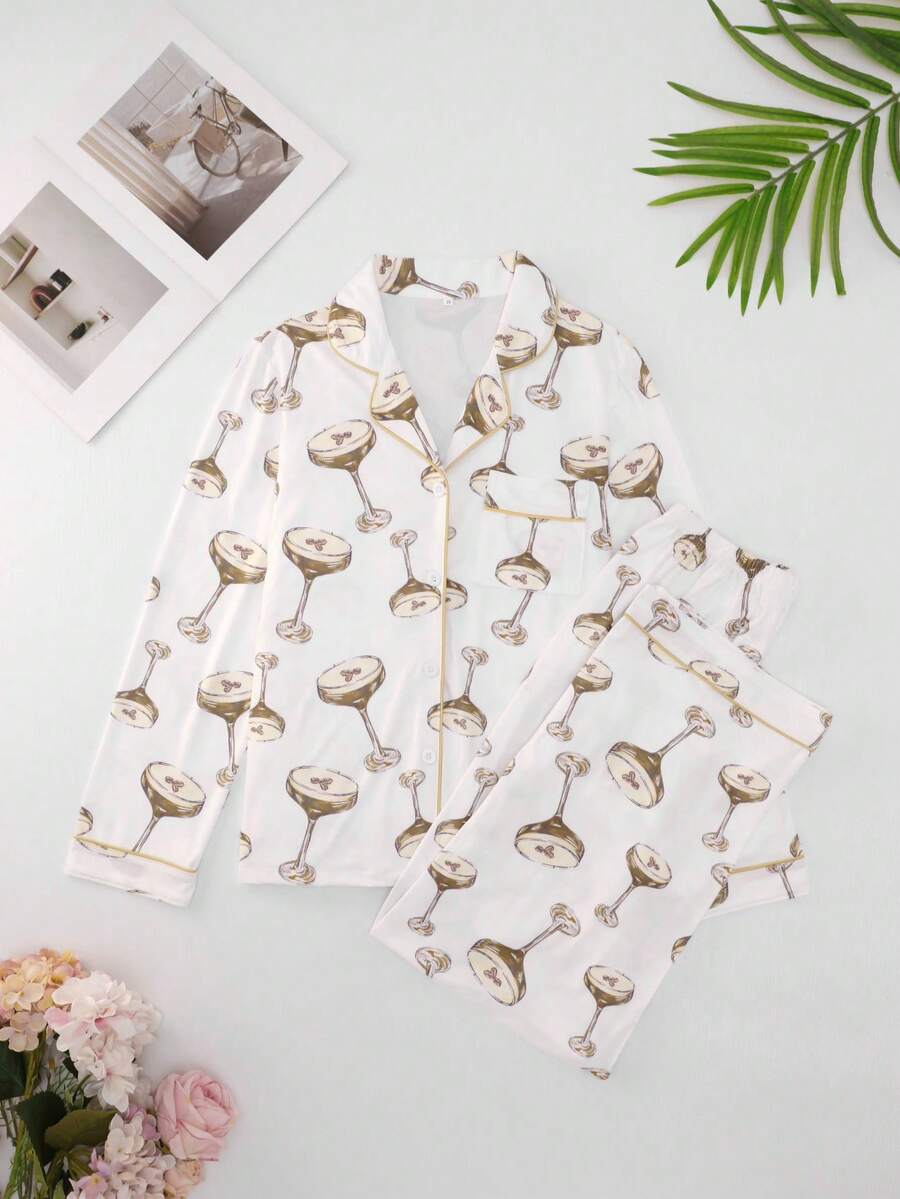 Conjunto de pijama y ropa casual: Blusa abotonada con cuello en V y estampado de copa de vino tinto, y pantalón largo, ropa de otoño e invierno - Blanco - Ver 1