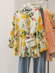 YUXIN Summer New Loose Sweet 3/4 Sleeve Round Neck Ruffle Blouse, Fashionable Bat Wing Design Ditsy Floral Shirt