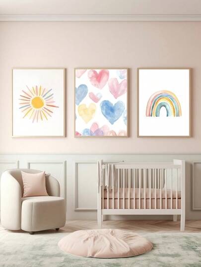 3pcs Watercolor Sun, Rainbow, Heart Wall Art Set - With Or Without Frames, Canvas Prints, Nursery Decor, Playroom, Minimalist Baby Room Poster, Nature Theme, Ready To Hang Watercolor Kids Wall Art Set, Simple Home Decor, Girls Room Decor, Back To School