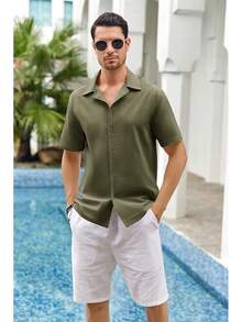 Mens Linen Button Down Shirts Short Sleeve Basic Cuban Regular Fit Wedding Summer Beach Tops - Army Green - View 2
