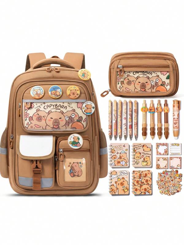 Kids Backpack For School Girls, 28PCS Capybara Toddler School Supplies Stationery Set With Bookbag Pencil Case Pins Gel Pens Pencils Notebooks Sticky Notes For Kindergarten Elementary Student, Back To School Gifts
