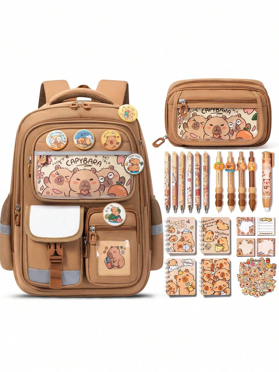 Kids Backpack For School Girls, 28PCS Capybara Toddler School Supplies Stationery Set With Bookbag Pencil Case Pins Gel Pens Pencils Notebooks Sticky Notes For Kindergarten Elementary Student, Back To School Gifts - Capybara - 查看 1