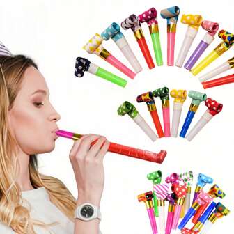 100/50pcs Party Blowout Horns, Colorful Whistles, Birthday Party Noisemakers, Festival Party Decorations, Multicolor Blowing Instrument Sound Props, Random Color, Party Favors, Birthday Party, Wedding, Christmas, Back To School, New Year, Party Atmosphere Maker