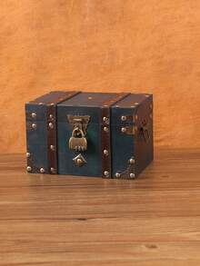 1 件大号复古绿色木制珠宝盒，欧式方形木盒储物盒道具带锁，工艺装饰