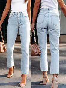 European & American Style Women Casual Versatile Stretch Fitted Light Blue Washed Denim Straight Leg Jeans, Daily Wear - Light Blue - View 2