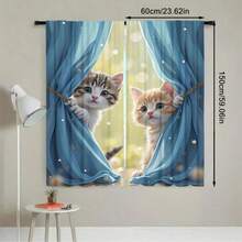 2 件可爱小猫窗帘 - 俏皮猫咪设计，蓝色窗帘和闪烁灯光，耐用涤纶面料，半透明，适用于客厅或卧室装饰（不含杆），卧室窗帘 | 猫咪主题装饰 | 杆袋风格，客厅窗帘 - 彩色 - 查看 16