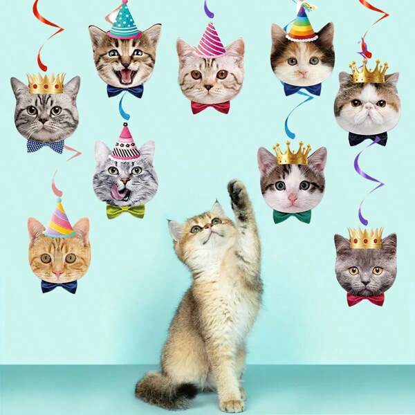 9/15 Stück Katzen Geburtstags Dekorationen - Niedliche Cartoon Katzen Girlande, hängende Spiraldekoration, Happy Birthday Torte & Cupcake Picker für Katzenliebhaber, perfekt für Katzen-Themen Feiern, Katzen Geburtstags Party Zubehör, verspieltes Design, leuchtende Farben