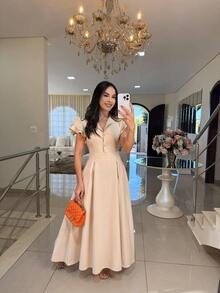 Elegant Long Dress With Square Neckline And Puff Sleeves – Sophisticated Look For Events And Parties - View 1