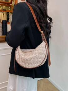 Bolso de mujer estilo Dumpling, diseño de PU + tejido, bolso bandolera, unicolor, bolso de uso diario de mujer con correa ajustable