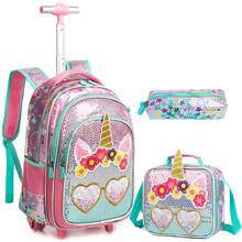 3PCS Girls Rolling Backpack Cute Rolling Backpacks With Wheels For Girls For Elementary School Bag Back To School Back To School - Silver 13301T - View 7