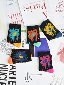5 Pares Meias Florais de Padrão Colorido Aleatório até a Metade da Panturrilha para Mulheres, Meias Versáteis e Estilosas Adequadas para Uso Casual, Interno, Externo, Esportes