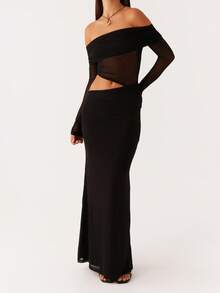 Women Long Off Shoulder Dress Slim Ruched Solid Color Cut Out Long Sleeve Backless Mesh Bodycon Dress For Party Club - Black - View 2