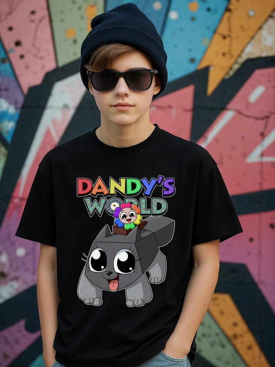 Boys Dandy's World Graphic T-Shirt Black Tee With Cute Cartoon Characters, Machine Washable, Youth, Fun And Playful. - 黑色 - 查看 1