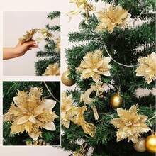 1/3/10/15/20/40Pcs Glitter Poinsettia 5.5" Artificial Flowers Christmas With Clips Stems Xmas Tree Ornaments For Christmas Party Wreath Decoration,Christmas Indoor Outdoor Decoration,Christmas Home Decoration,Office, Garden, Party, Shop Decoration, Party, Wedding, And Holiday Decoration - Container Free, Plastic Material, Desktop Placement, Romantic Centerpiece, DIY Crafts - Multicolor - View 6