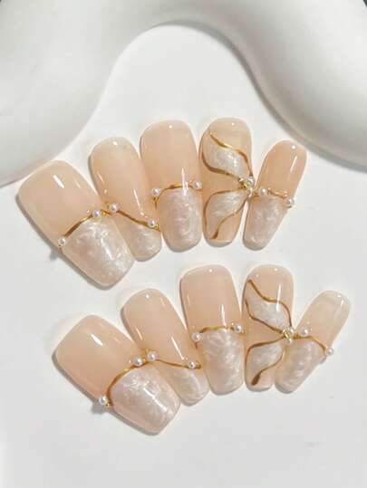 Hand Drawn Ribbon Pearlescent Press On Nails With Golden Metal Magic Line Decoration White And Nude Colors 10 Pieces Nail Tips Short Coffin Reusable Nail Sticker Set With Jelly Glue And Nail File & Stick