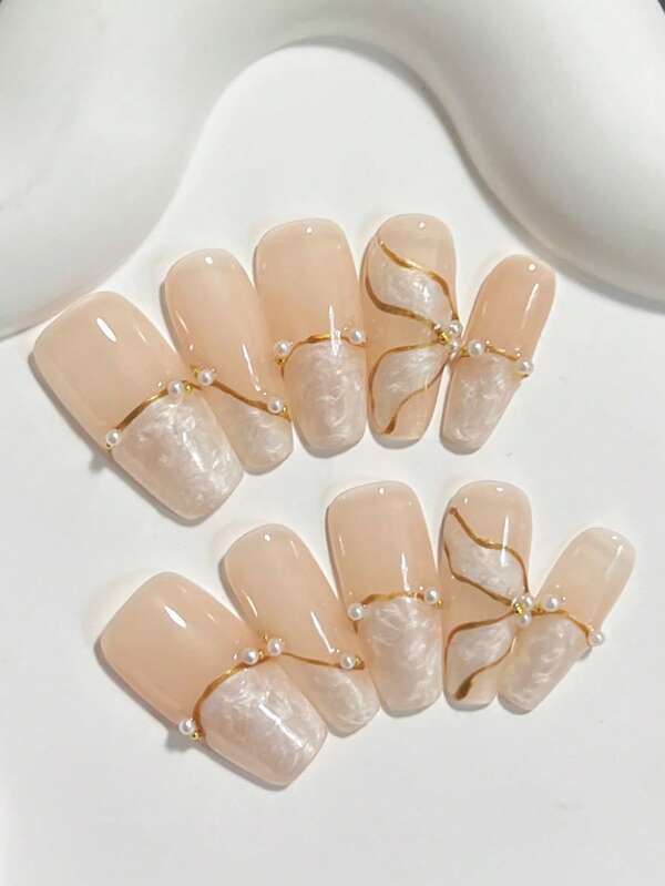 Hand Drawn Ribbon Pearlescent Press On Nails With Golden Metal Magic Line Decoration White And Nude Colors 10 Pieces Nail Tips Short Coffin Reusable Nail Sticker Set With Jelly Glue And Nail File & Stick