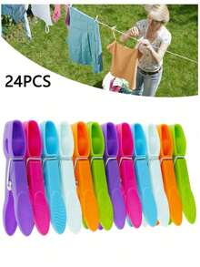 24 kẹp quần áo bằng nhựa chịu lực, kẹp nhựa mềm, kẹp quần áo chống gió, thích hợp cho gia đình và phòng giặt ủi - Nhiều màu - Xem 2