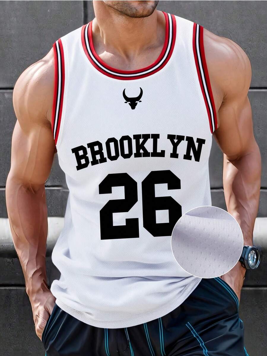 男式时尚布鲁克林印花 26 号篮球队拼接圆领无袖休闲篮球球衣，春夏 - 白色 - 查看 1