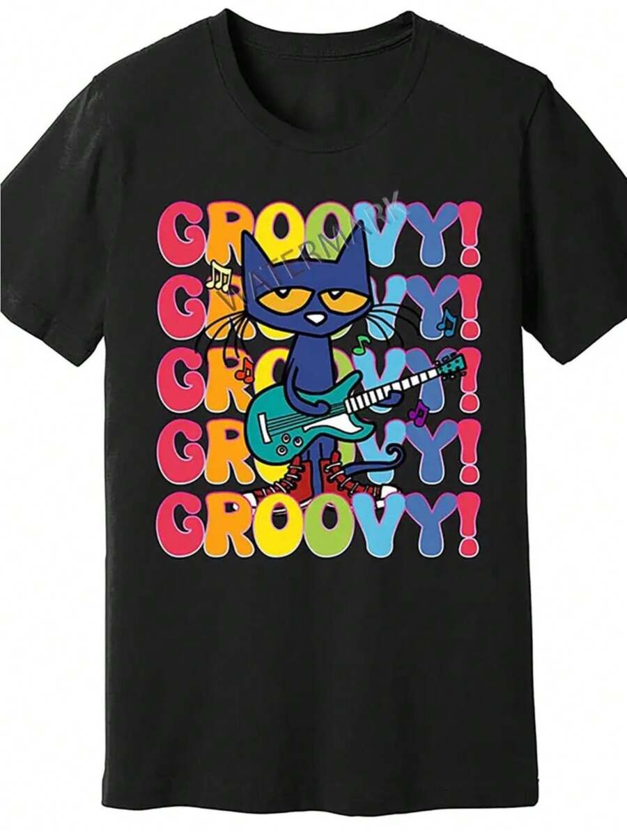 Camiseta Gráfica Cool de Pete el Gato - Camiseta de Cuello Redondo - Estilo Casual - Ajuste Regular - Tejido de Punto con Estiramiento Medio - para Hombres y Mujeres - Negro - Ver 1