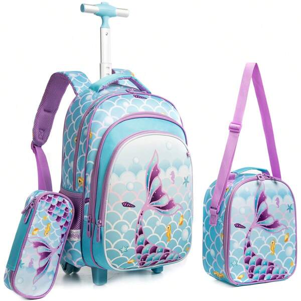 3PCS Girls Rolling Backpack Cute Pink Rolling Backpacks With Wheels For Girls For Elementary School Bag Back To School