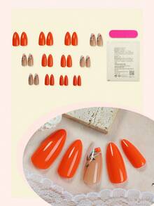 24 件中号杏仁按压指甲裸色按压指甲法式尖头带闪光线条艺术和叶子装饰简约风格光泽设计全覆盖假指甲适合女士女孩日常佩戴