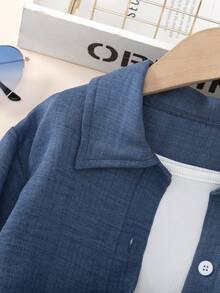 BASUSARRI 女孩秋冬纽扣衬衫长袖和阔腿裤两件套，优雅时尚的通勤和外出装 - 藍色 - 查看 3