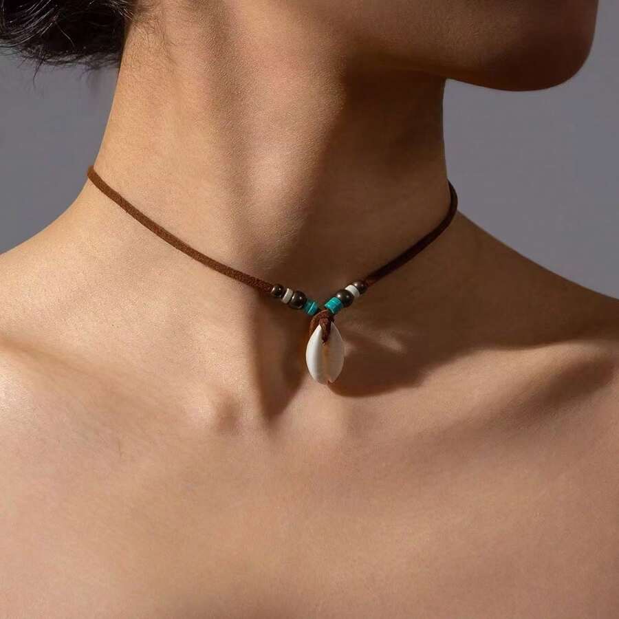 1pc Bohemian Natural Shell & Turquoise Pendant Long Necklace, Suitable For Women Holiday Wear - Multicolor - View 1