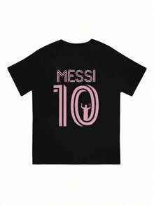 [1pc Messi Graphic Print T-Shirt] Messi 10 Graphic Print T-Shirt, 100% Cotton, Crew Neck, Slight Stretch, Regular Fit, Knit Fabric, 220g, Men And Women, All-Season Basic Tee - màu đen - Xem 1