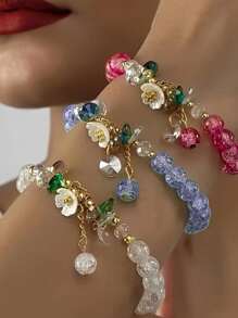 3 PiecesBoho Floral Beaded Bracelet Set: 5 - Color Crackle Glass Beads With Camellia Flower Charms, Gold - Tone Accents, Perfect For Summer Stacking, Festival Jewelry & Bohemian Style Lovers