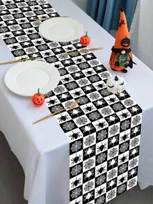 1pc/100pcs 35*180cm Halloween Spider Web Printed Polyester Tablecover - Black & White Check Design, Spider & Web Interwoven, Suitable For Halloween Party, Home Gathering, Dinner Table Decor, Classic Black & White Tone