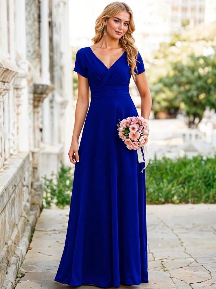 Vestido de Dama de Honor de Cuello Cruzado y Manga Corta Elegante para Mujer - Azul - Añade 3