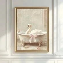 1pc Unframed Cute Pink Bow Swan In Tub Funny Wall Art Poster Canvas Print Maximalist Bathroom Dopamine Decor Painting For Toilet,Living Room,Bedroom,Modern Home Decoration