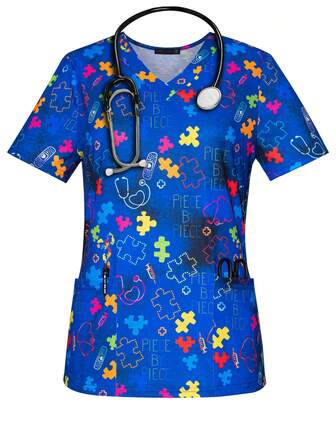 Top de uniforme de enfermera con escote en V, mangas cortas, estampado de corazón y rompecabezas, para primavera y verano, con bolsillos para mujeres