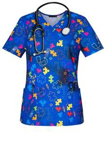 Top da infermiera con maniche corte, scollo a V, con stampa a cuore e puzzle, per primavera ed estate, con tasche, per donna