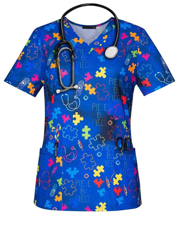 Women's Heart & Puzzle Print Spring & Summer V-Neck Scrub Short Sleeve Nurse Uniform Tops With Pockets For Women