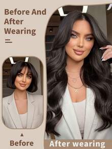 24英寸V型渐变色夹式接发，自然波浪卷合成纤维假发 - 黑棕色 - 查看 6