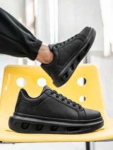 Men's Classic Solid Black Leather Patchwork Design Skateboard Shoes, Casual College Style Everyday Sneakers, Unisex Versatile Sports Shoes For All Seasons - màu đen - Xem 7