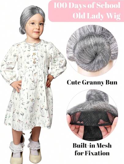 Cooraby 3 Pieces Days Of School Old Lady Wig Grandma Wig Granny Glasses Artificial Pearl Necklace Halloween Fancy