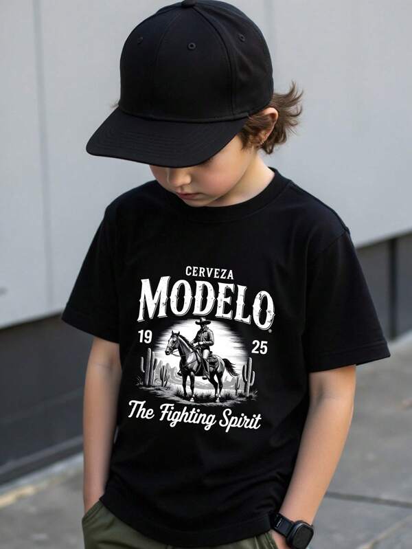 Boys Creative Letter & Cowboy Riding Horse Graphic T-Shirt, Casual Summer Tops