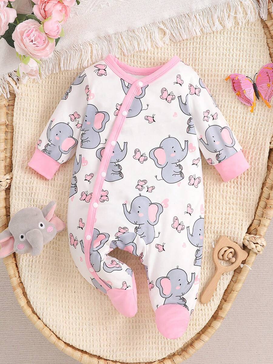 Baby Girls' Casual Cute Cartoon Elephant & Butterfly Print Footie Romper, Long Sleeve One-Piece Pajamas, Spring/Autumn
