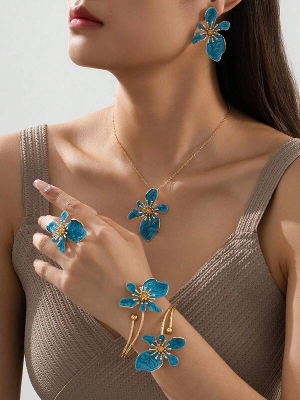 5 pièces Parure de collier pendentif, bague, bracelet, boucles d'oreilles avec fleurs asymétriques élégantes de style champêtre bleu dégradé. Convient pour un port quotidien, les vacances et les fêtes pour femmes