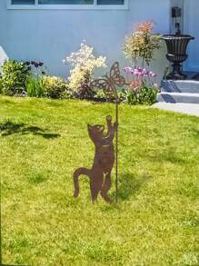 1 pieza Estaca de metal oxidado con forma de gato para el jardín, decoración de gato de metal envejecido para exteriores, ornamento para el patio o el césped para amantes de los gatos