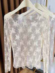 Damen Große Größen Spitze einfarbig Rundhals lässiges Unterwäsche Top, transparente leichte Mesh Pullover Bluse, elegant für Frühling Herbst Winter