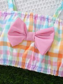 3 Peças Conjunto de Roupa para Bebê Menina: Regata com Estampa Floral de Morango Tecida com Decoração de Laço, Vestido com Babados em Camadas de Cintura Elástica e Chapéu, Uso Diário de Verão - Multicolorido - Visão 4